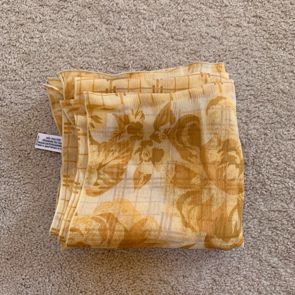 Talbots Yellow and Gold Silk Scarf with Plaid and Floral Pattern